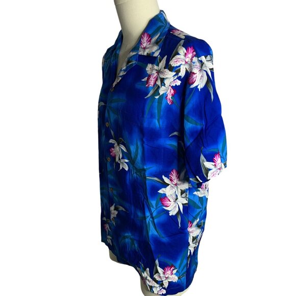 Vintage 90s Two Palms Hawaiian Camp Shirt M Blue Floral Button Up Short Sleeve - Picture 3 of 6